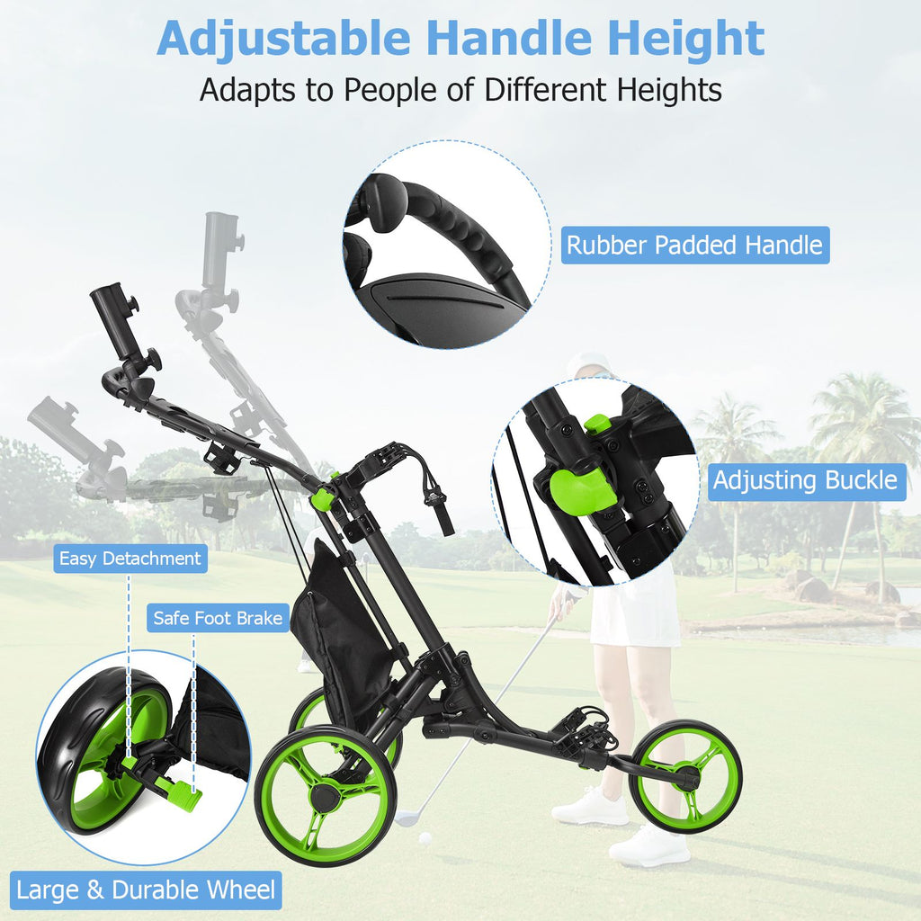 3 Wheel Golf Push Pull Cart with Adjustable Height Handle