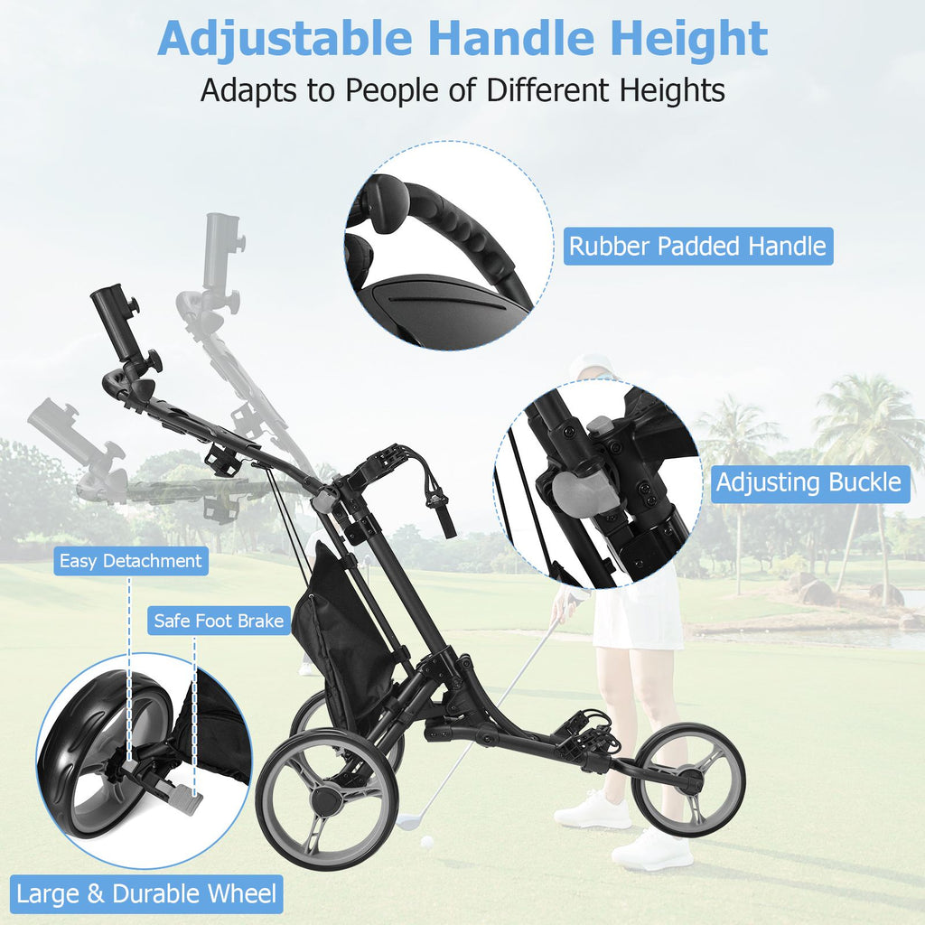 3 Wheel Golf Push Pull Cart with Adjustable Height Handle